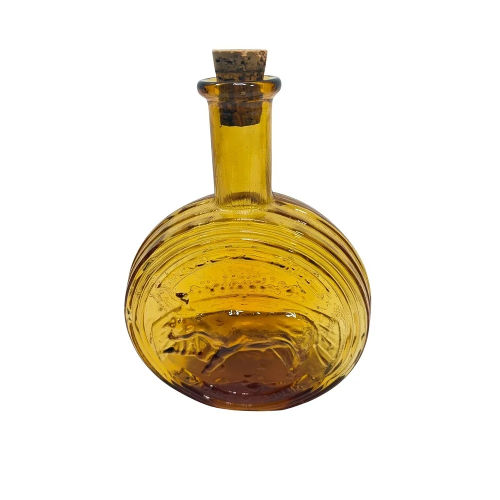 Vintage Amber Glass Bull Decanter Made in Italy Cork Stopper Round Bottle 8.5in